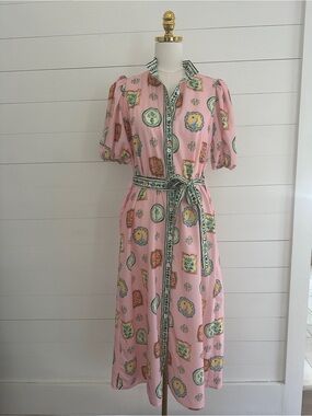 Sunday Up Pink Printed Midi Shirt Dress with Green Trim